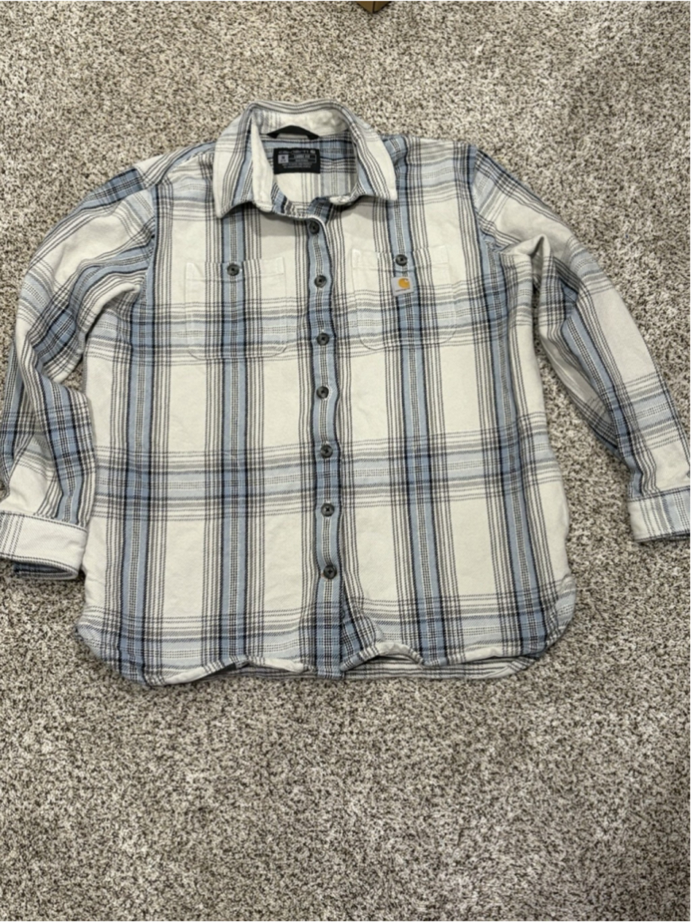 Carhartt Mens Medium Plaid Flannel Work Shirt Loose Fit Button Front Gray G1